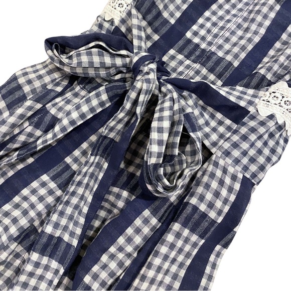 Vintage Gingham Prairie Blue White Maxi Dress Small Cottage Lace Boho Hippie - Picture 7 of 10